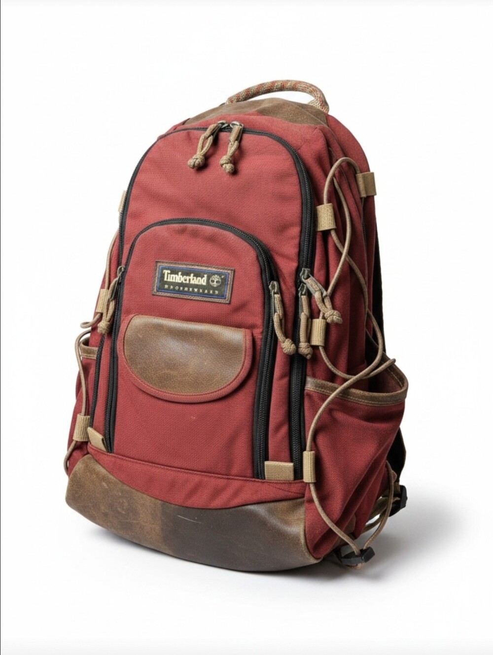 Vintage Timberland Weathergear Hiking Backpack Red Brown Leather Daypack